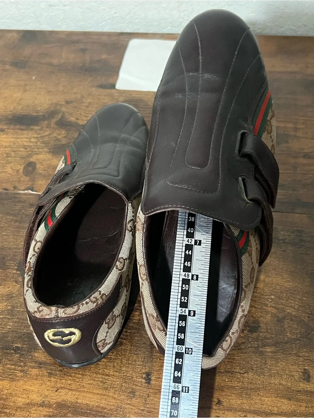 Gucci Brown GG Canvas & Dark Brown Leather Slip-Ons with Red-Green Stripe